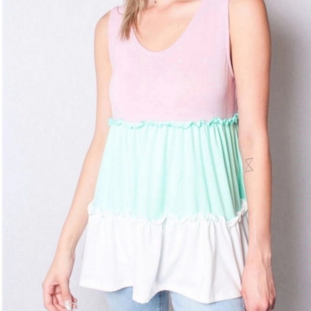 🌸color Block Tiered Ruffled Tank Top